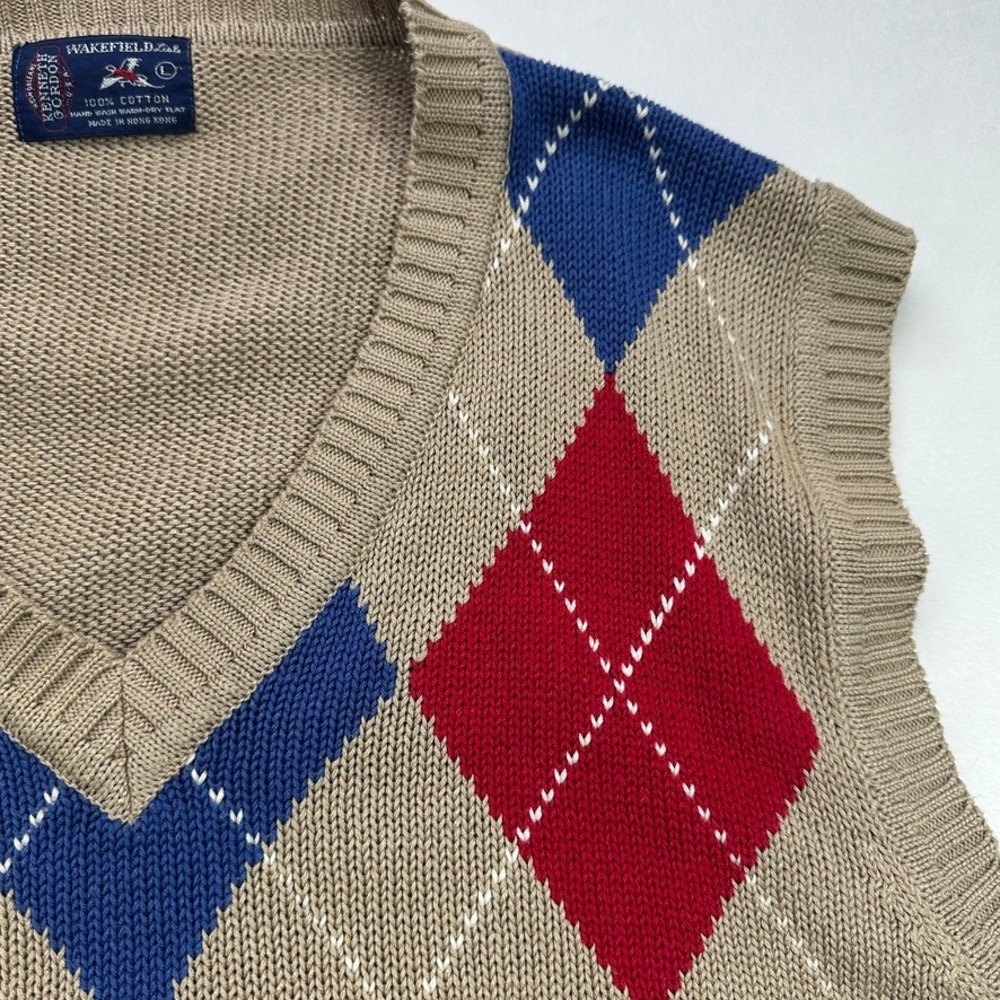 Wakefield Co Kenneth Gordon Mens L Argyle V Neck Sweater Vest Tan Brown Vintage - Picture 7 of 16